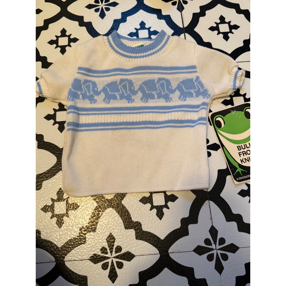 Vintage Bull Frog Knits Baby Sweater Elephant Blue White Short Sleeve 6-9 Months